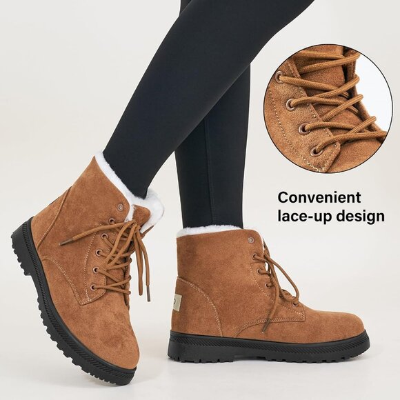 Alicegana Women's Winter Boots Snow Warm Fur Lined Lace Up Brown Non Slip Boots - Picture 6 of 6